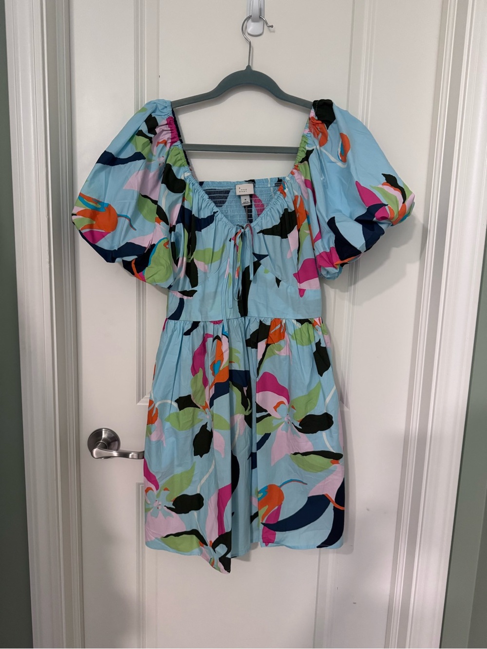 Light Blue Floral Puff-Sleeve Mini Dress